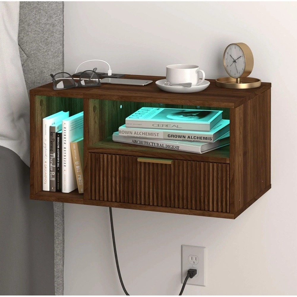 Floating Nightstand with Charging Station and LED Lights - Walnut Brown